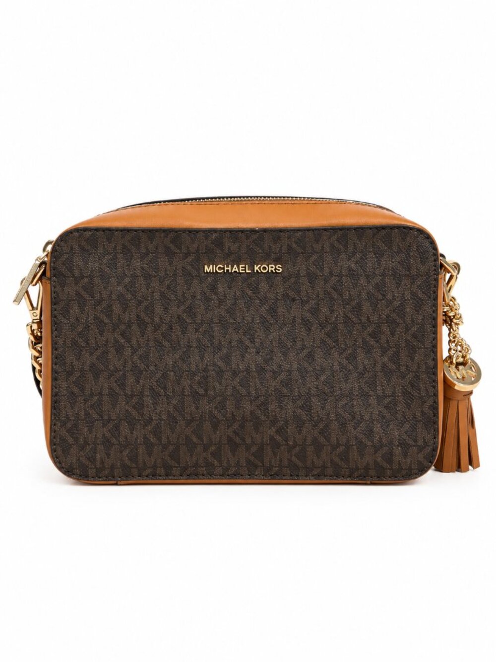 Michael Kors Signature MK Monogram Camera Crossbody Bag with Chain & Tassel